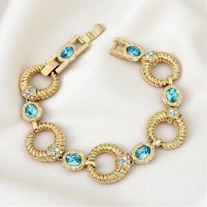 Vntg. Princess Grace Collection Gold Tone Bracelet w/Aqua Crystals & Rhinestones